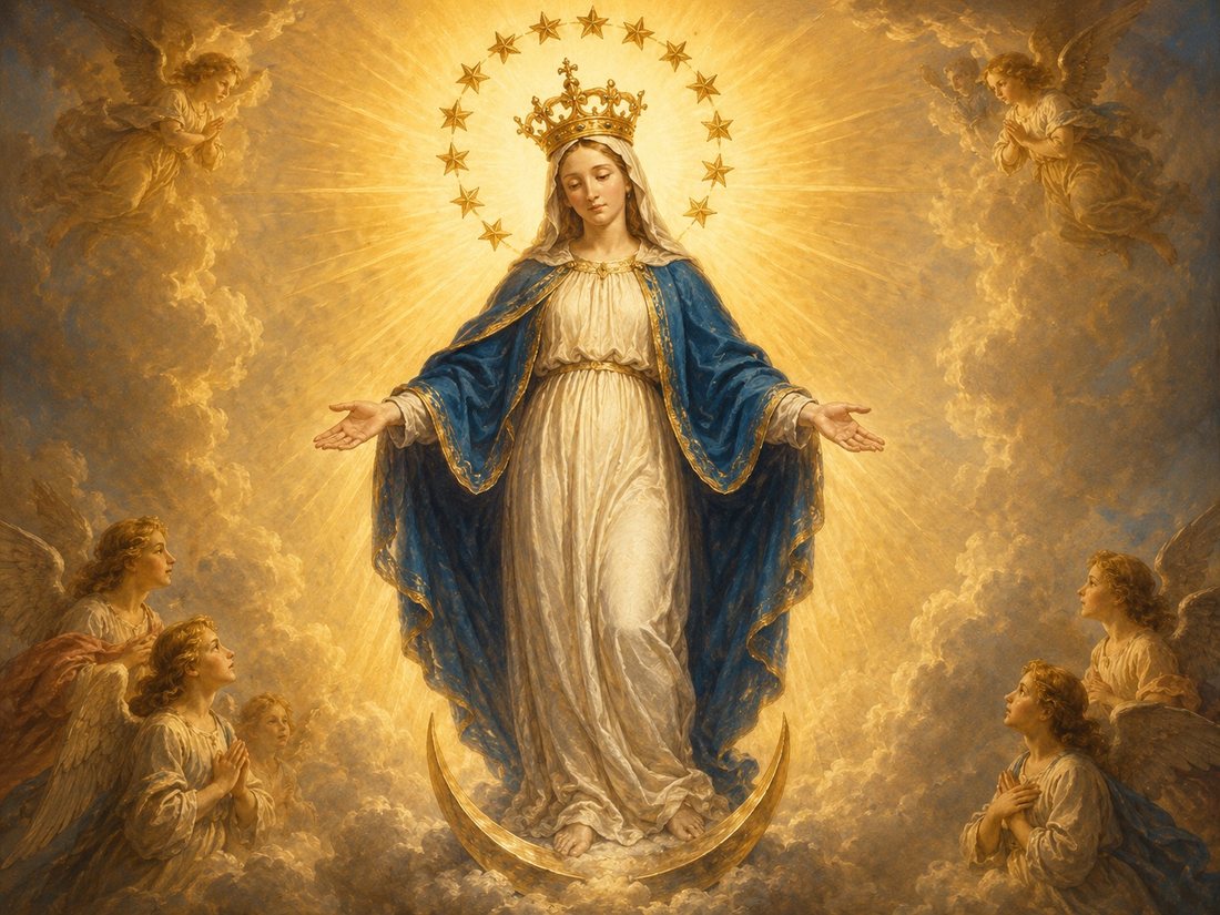 Our Lady crowned, standing on the crescent moon, attended by angels