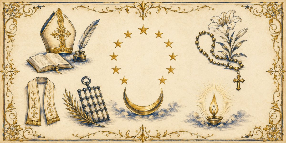 The saints of August - mitre and quill, stole, gridiron and palm, the crown of twelve stars, lily and rosary, and a steady flame