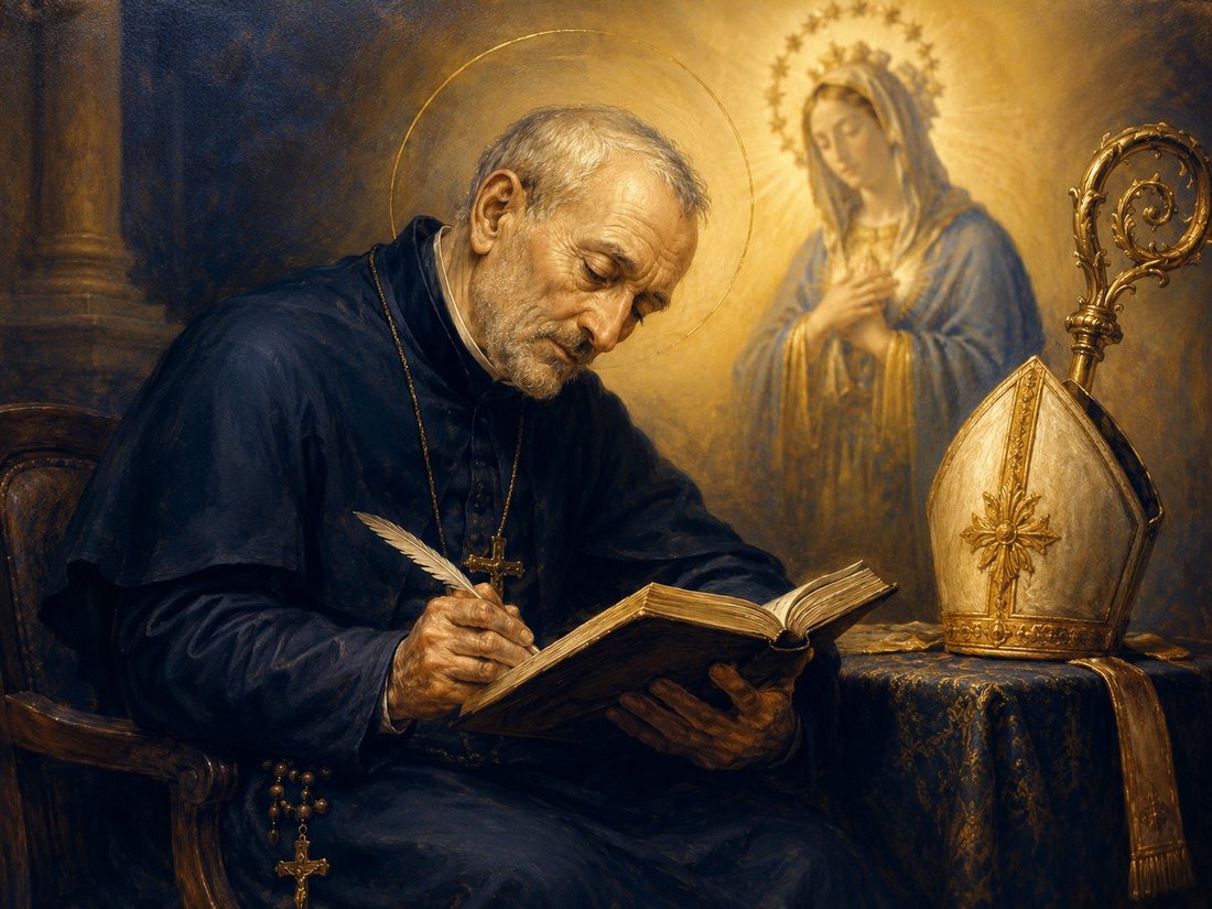 St Alphonsus Liguori writing, with Our Lady above him