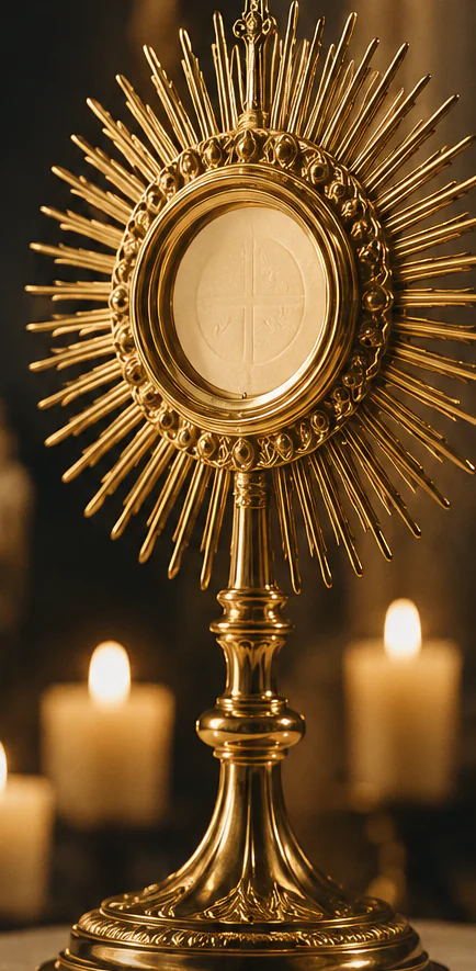 The Blessed Sacrament exposed in a monstrance by candlelight &mdash; Monthly Eucharistic Adoration, Frank Duff House, Belfast