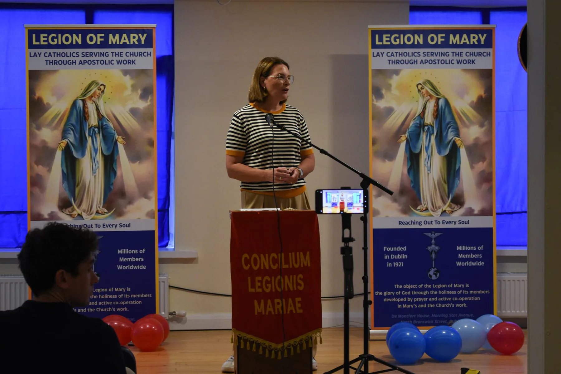 The stage with the Legion of Mary banners and the Concilium Legionis Mariae standard