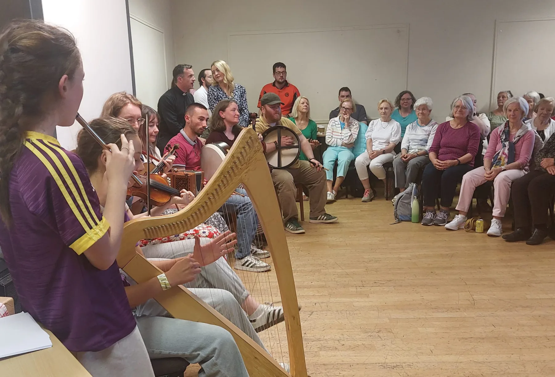 Musicians playing harp, fiddle and accordion at The Story of Ireland