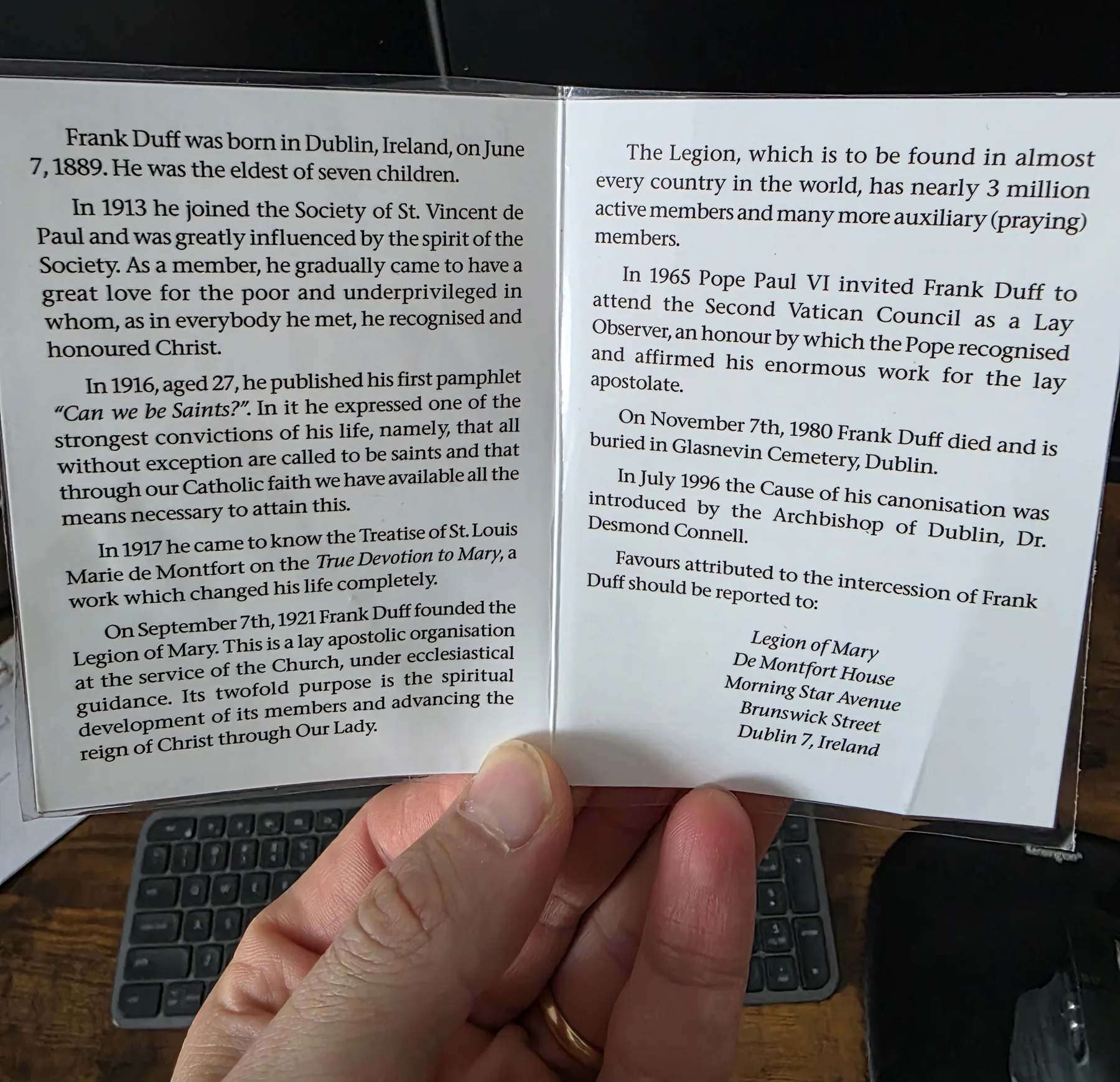 An open leaflet telling the life of Frank Duff, from his birth in Dublin in 1889 to the opening of his cause in 1996
