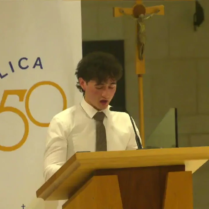 Mario Nunis speaking at a lectern in the Basilica at Knock Shrine