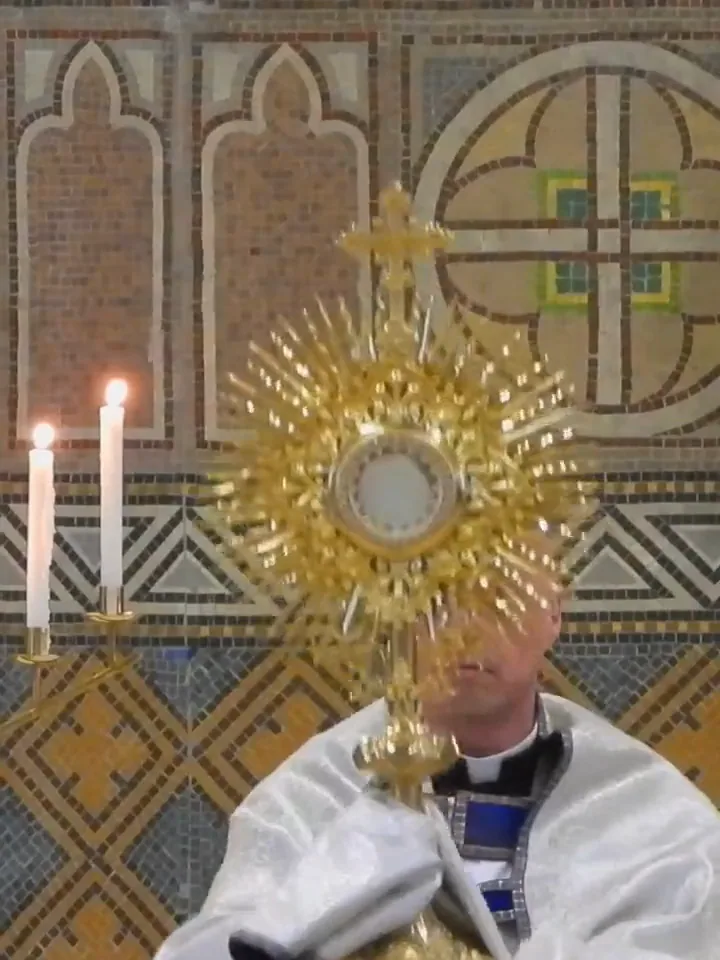 A priest holds up the Blessed Sacrament in a golden monstrance.