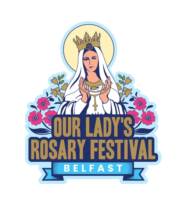 Our Lady&rsquo;s Rosary Festival, Belfast: Our Lady holding a rosary, framed by flowers.