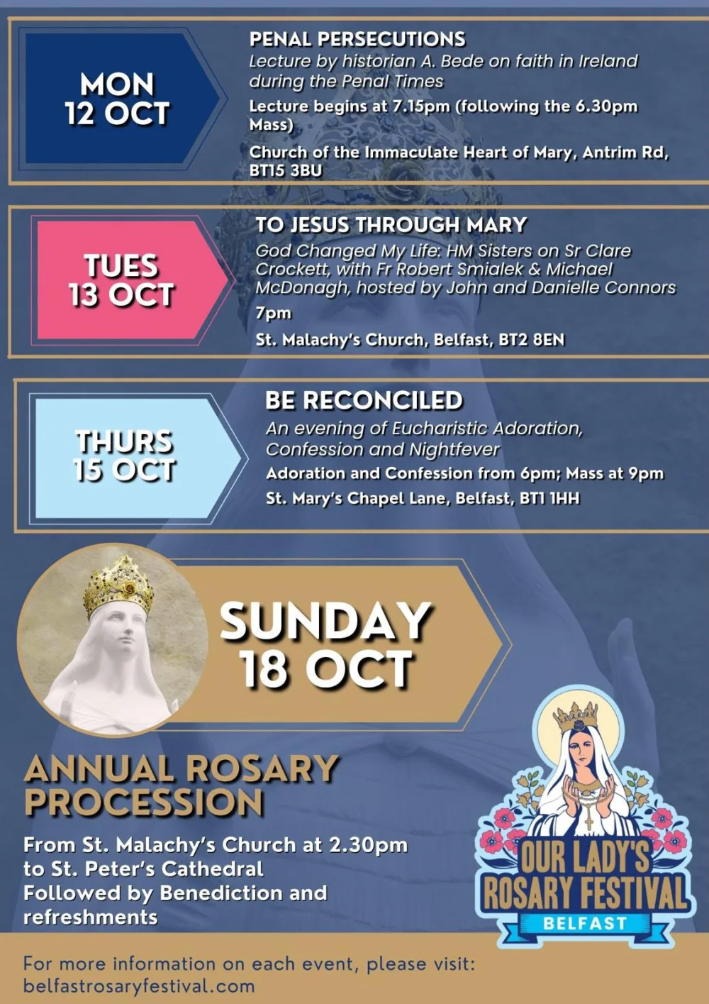The official programme poster: Monday 12 October, Penal Persecutions; Tuesday 13 October, To Jesus Through Mary; Thursday 15 October, Be Reconciled; Sunday 18 October, Annual Rosary Procession.
